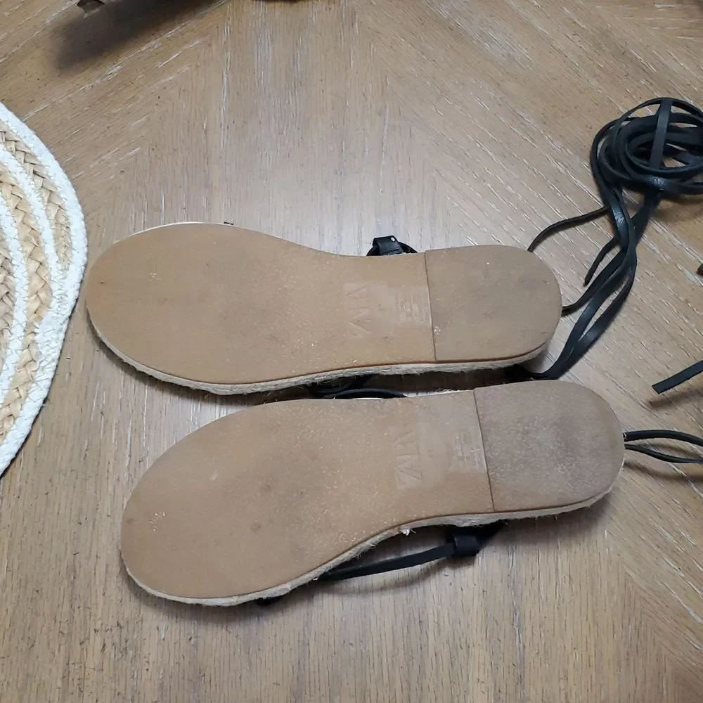 NWOT Zara Lace Up Tied Leather Jute Leather Black Sandals Size 41 - Picture 5 of 8